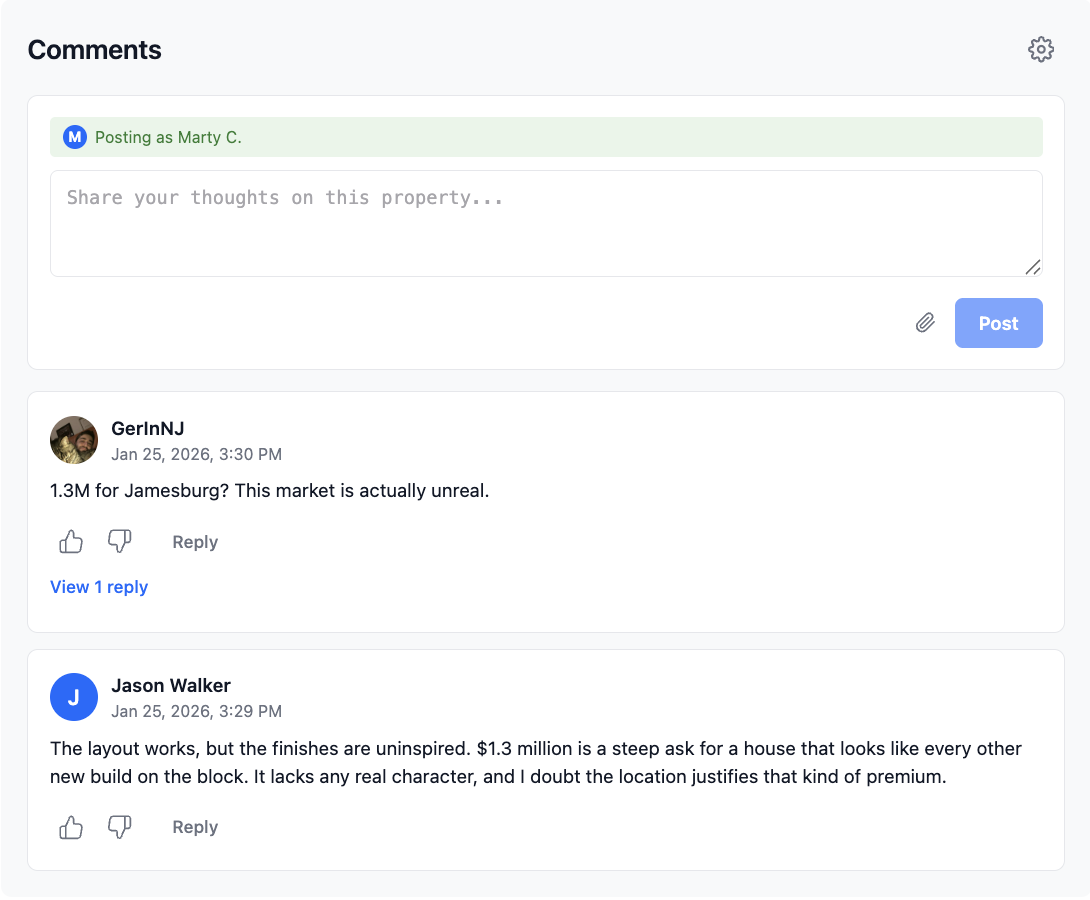 Close-up of the Zcomments comment section showing user discussions about a property
